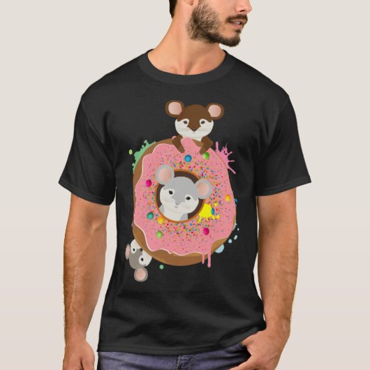 Drie schattige muizen en een donut met roze glazuu t-shirt (Voorkant)