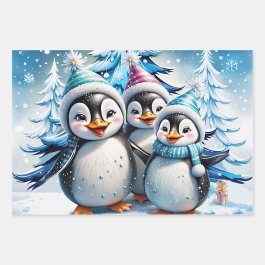Drie schattige pinguïns inpakpapier vel (Voorkant 3)