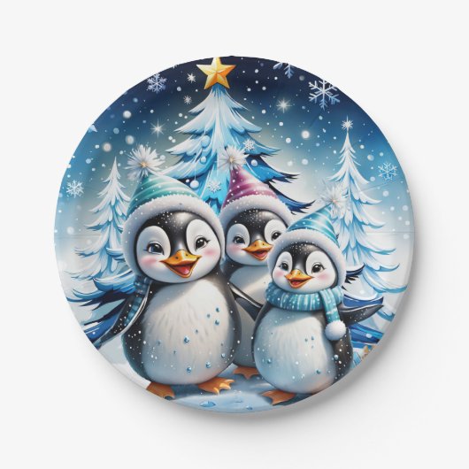 Drie schattige pinguïns papieren bordje (Voorkant)