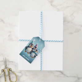 Drie schattige pinguïns staan in feestelijk winter cadeaulabel