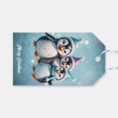 Drie schattige pinguïns staan in feestelijk winter cadeaulabel (Voorkant (Horizontaal))