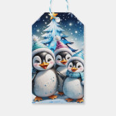 Drie schattige pinguïns staan in feestelijk winter cadeaulabel (Achterkant)