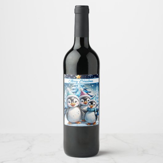 Drie schattige pinguïns wijn etiket (Voorkant)
