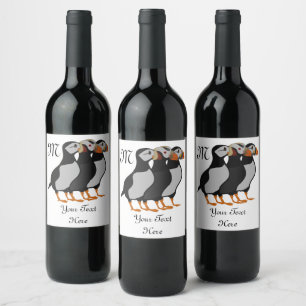 Drie Schattige Puffin Permanent Cartoon Wijn Etiket