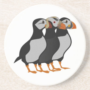 Drie Schattige Puffin Permanent Cartoon Zandsteen Onderzetter