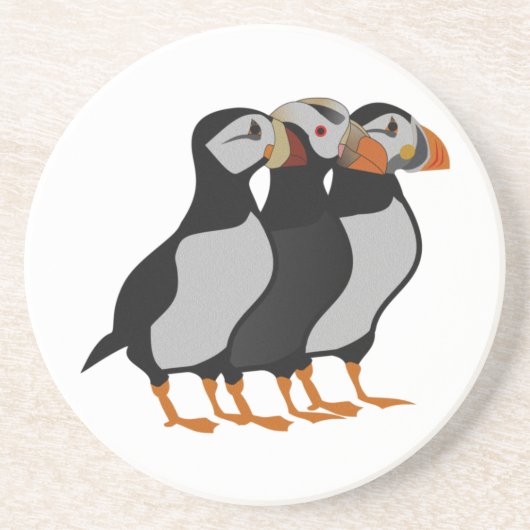 Drie Schattige Puffin Permanent Cartoon Zandsteen Onderzetter (Voorkant)