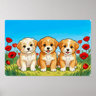 Drie schattige puppy's & rode klaprozen poster
