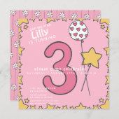 Drie - Schattige Roze & Geel Kinder 3e Verjaardag Kaart (Voorkant / Achterkant)