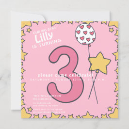 Drie - Schattige Roze & Geel Kinder 3e Verjaardag Kaart