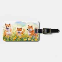 Drie schattige Shiba Inus en paardenbloemen bagage