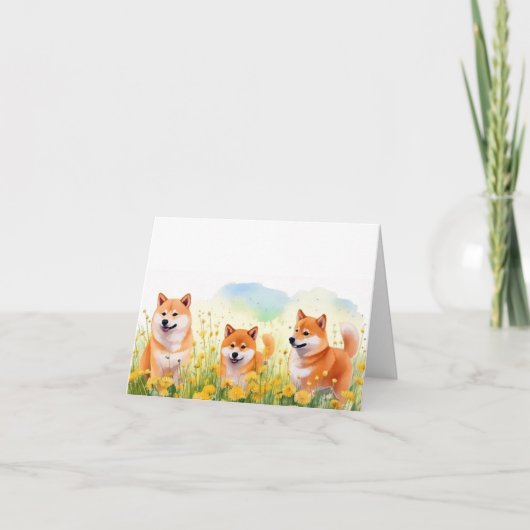 Drie schattige Shiba Inus en paardenbloemen wenska Kaart (Voorkant)
