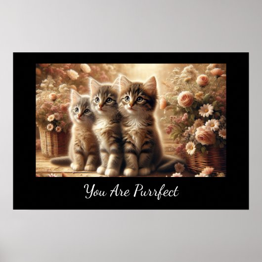 Drie Schattige Tabby Kittens met bloemen Poster (Voorkant)