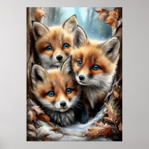 Drie schattige vosjes in het bos poster