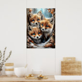 Drie schattige vosjes in het bos poster (Keuken)