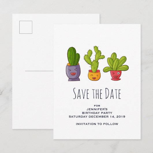 Drie Schattigee cactus in bloempotten Bewaar de da Uitnodiging Briefkaart (Voorkant / Achterkant)