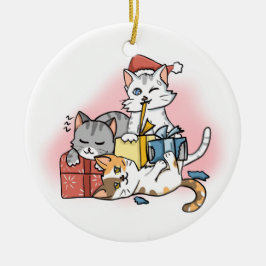 Drie Schattigee Cartoon Kerstmis Kittens uitpakken Keramisch Ornament