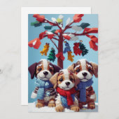 Drie Schattigee gevulde puppy poppen: Schattige gr Feestdagenkaart (Voorkant / Achterkant)