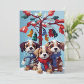 Drie Schattigee gevulde puppy poppen: Schattige gr Feestdagenkaart (Staand voorkant)