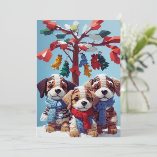 Drie Schattigee gevulde puppy poppen: Schattige gr Feestdagenkaart (Staand voorkant)