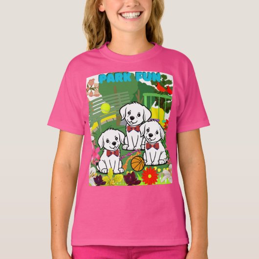 Drie Schattigee Grappige Witte Puppies in Park T-shirt (Voorkant)