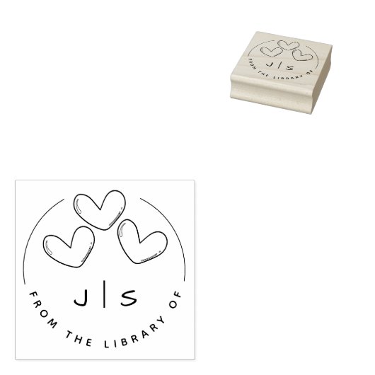 Drie Schattigee Harten Aangepaste Initialen Biblio Rubberstempel (Gestempeld)
