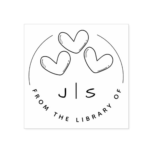 Drie Schattigee Harten Aangepaste Initialen Biblio Rubberstempel (Afrduk)