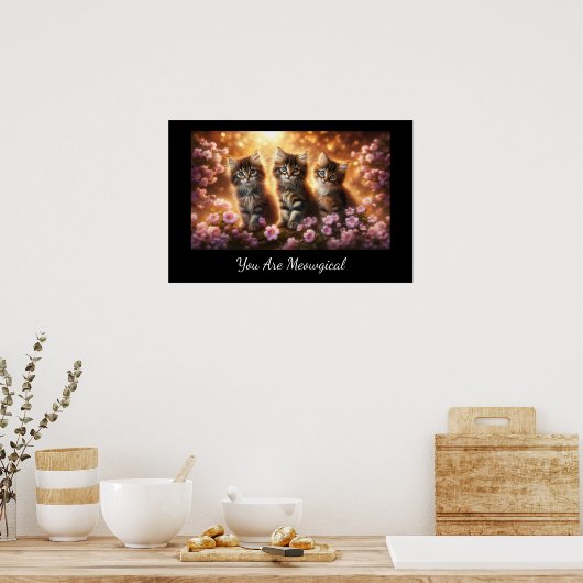 Drie Schattigee Kittens met Pink Flowers Poster (Keuken)