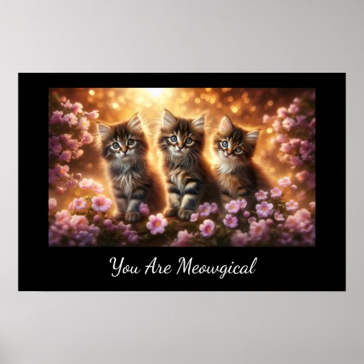 Drie Schattigee Kittens met Pink Flowers Poster (Voorkant)