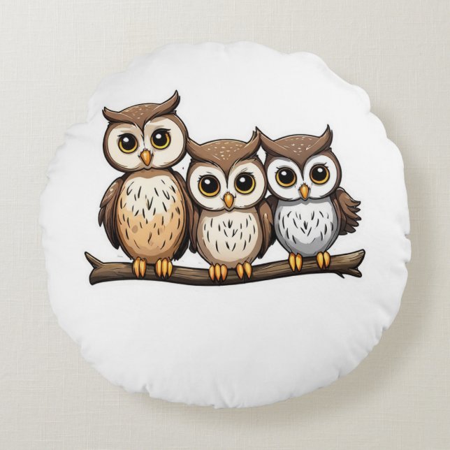 Drie Schattigee kleine uil Rond Kussen (Voorkant)
