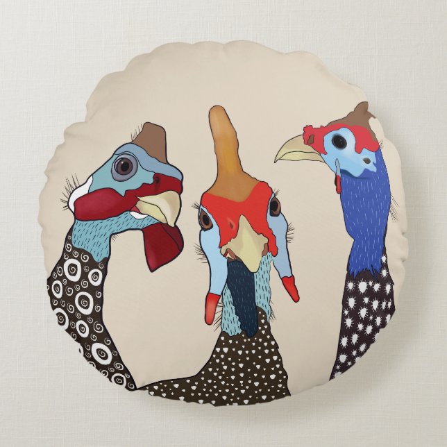 Drie Schattigee parelhoenvogels Rond Kussen (Voorkant)