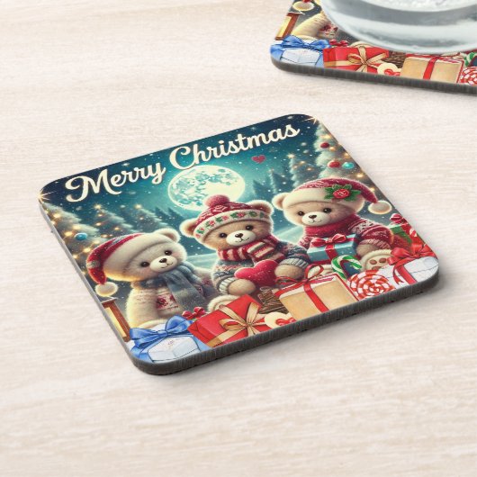 Drie Schattigee teddyberen vrolijk kerstfeest Bier Onderzetter (Linkerzijde)