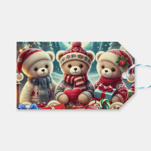 Drie Schattigee teddyberen vrolijk kerstfeest Cadeaulabel (Voorkant (Horizontaal))