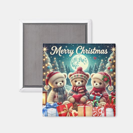 Drie Schattigee teddyberen vrolijk kerstfeest Magneet (Voorkant / Achterkant)