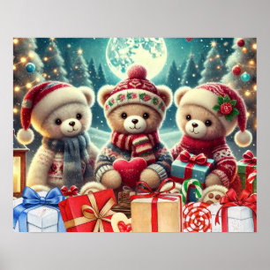 Drie Schattigee teddyberen vrolijk kerstfeest Poster