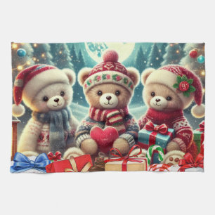 Drie Schattigee teddyberen vrolijk kerstfeest Theedoek
