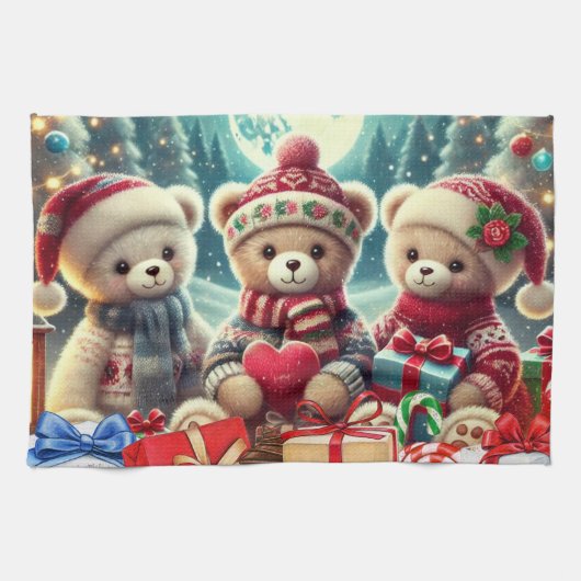 Drie Schattigee teddyberen vrolijk kerstfeest Theedoek (Horizontaal)