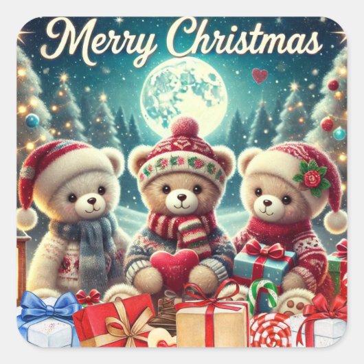 Drie Schattigee teddyberen vrolijk kerstfeest Vierkante Sticker (Voorkant)