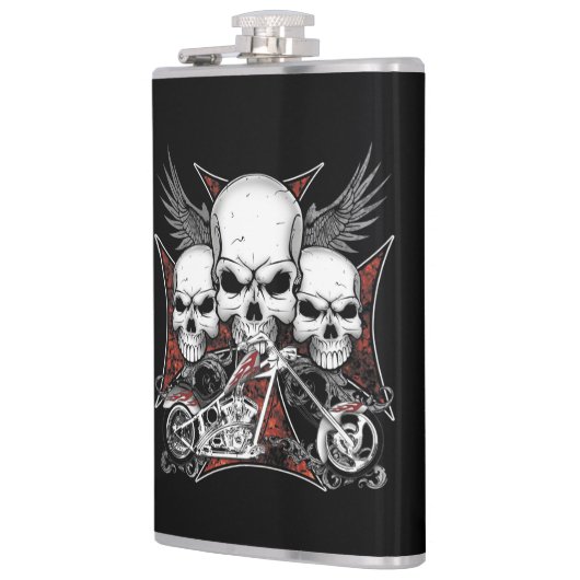 Drie schedel met de Rode Chopper-motor Heupfles (Links)