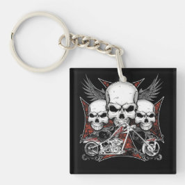 Drie schedel met de Rode Chopper-motor Sleutelhanger