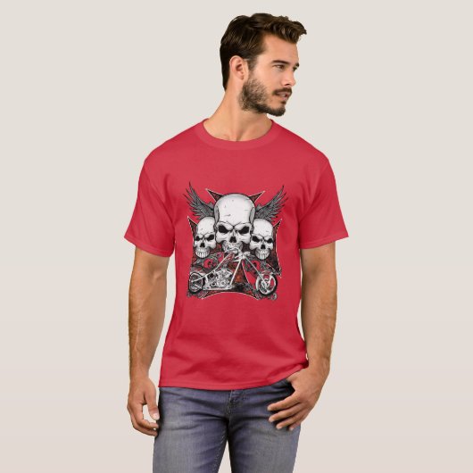 Drie schedel met de Rode Chopper-motor T-shirt (Voorkant volledig)