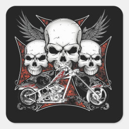 Drie schedel met de Rode Chopper-motor Vierkante Sticker