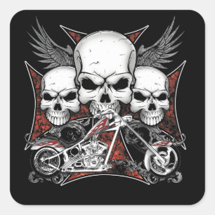 Drie schedel met de Rode Chopper-motor Vierkante Sticker
