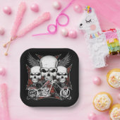 Drie schedel met het Rood Chopper Motorcycle Squar Papieren Bordje (Feest)