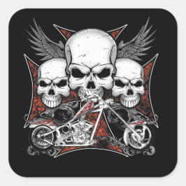 Drie schedel met het Rood Chopper Motorcycle Squar Vierkante Sticker