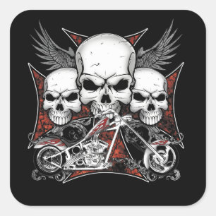 Drie schedel met het Rood Chopper Motorcycle Squar Vierkante Sticker