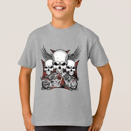Drie schedel met Red Chopper Motorcycle Boy T-Shi T-shirt (Voorkant)