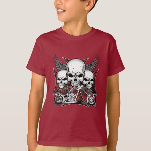 Drie schedel met Red Chopper Motorcycle Boy T-Shi T-shirt (Voorkant)
