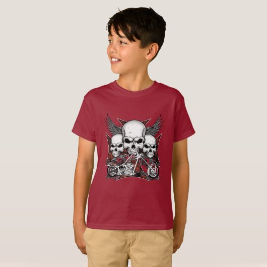 Drie schedel met Red Chopper Motorcycle Boy T-Shi T-shirt (Voorkant volledig)