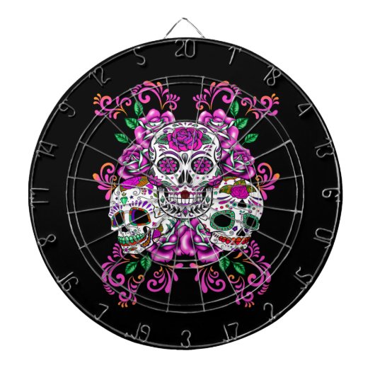 Drie schedels Roze bloemensuikerschedels Dartbord (Voorkant)