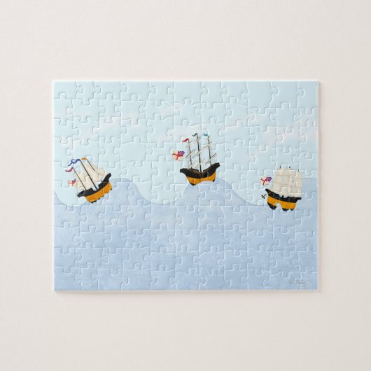 Drie Schepen die op het Rollende Kind van het Zee Legpuzzel (Horizontaal)